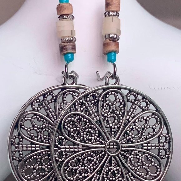 Round Silver Flower Filigree Turquoise Tan Brown Beaded Boho Dangle Earrings - Picture 1 of 4